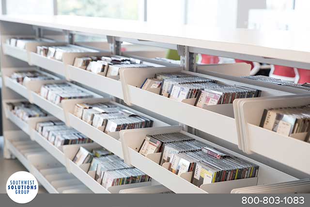 library dvd shelving bins