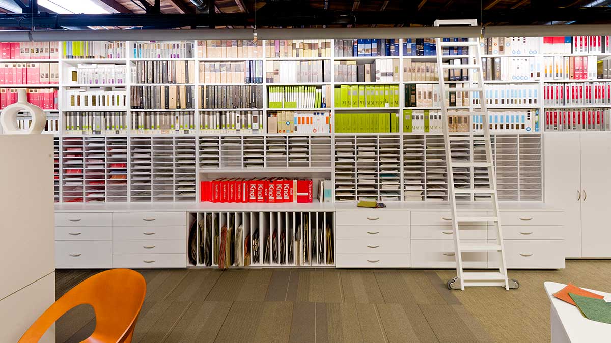 library shelves with ladder featured